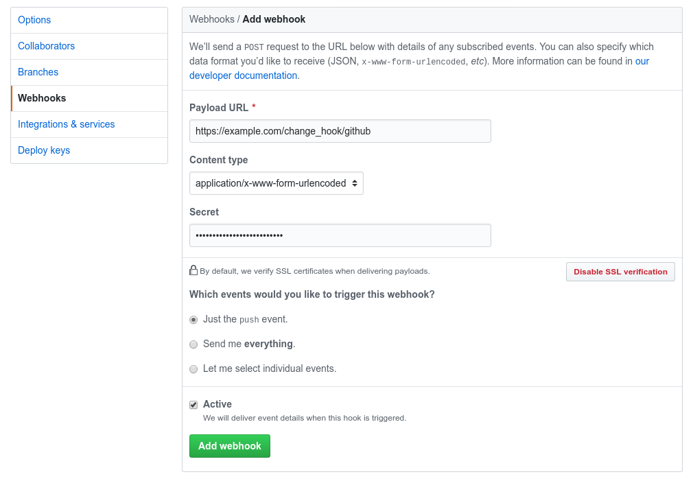 GitHub webhooks form