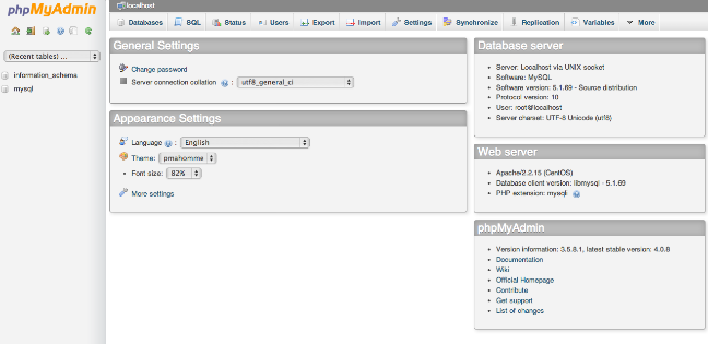 phpMyAdmin main interface screen