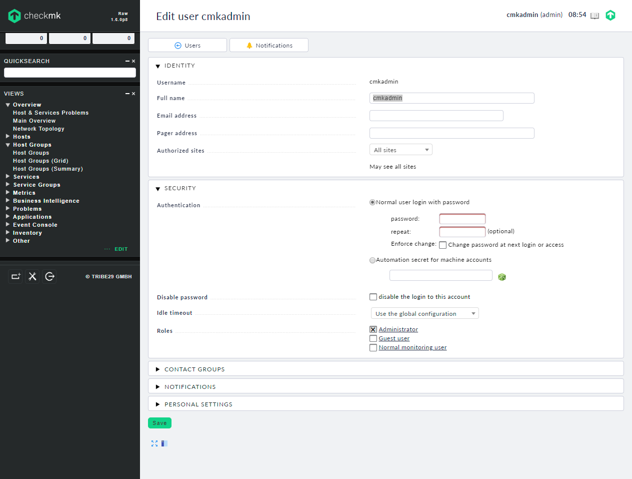 Форма для редактирования пользователя-администратора Checkmk