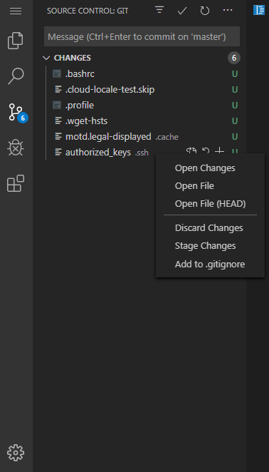 Painel do Git com o menu de contexto aberto