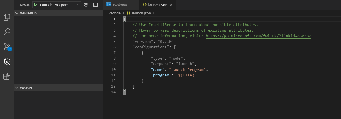 Debugger View avec launch.json ouvert