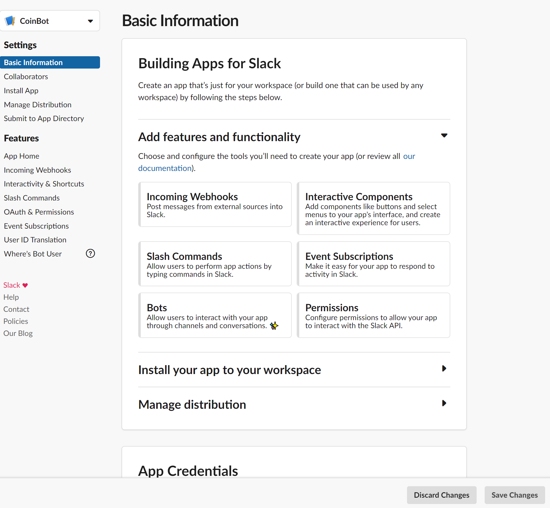 Tableau de bord par défaut de l'application Slack