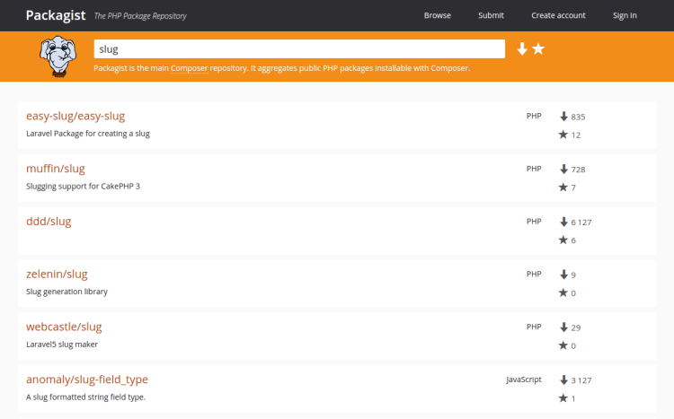 Búsqueda en Packagist: easy-slug/easy-slug, muffin/slug, ddd/slug, zelenin/slug, webcastle/slug, anomaly/slug-field_type