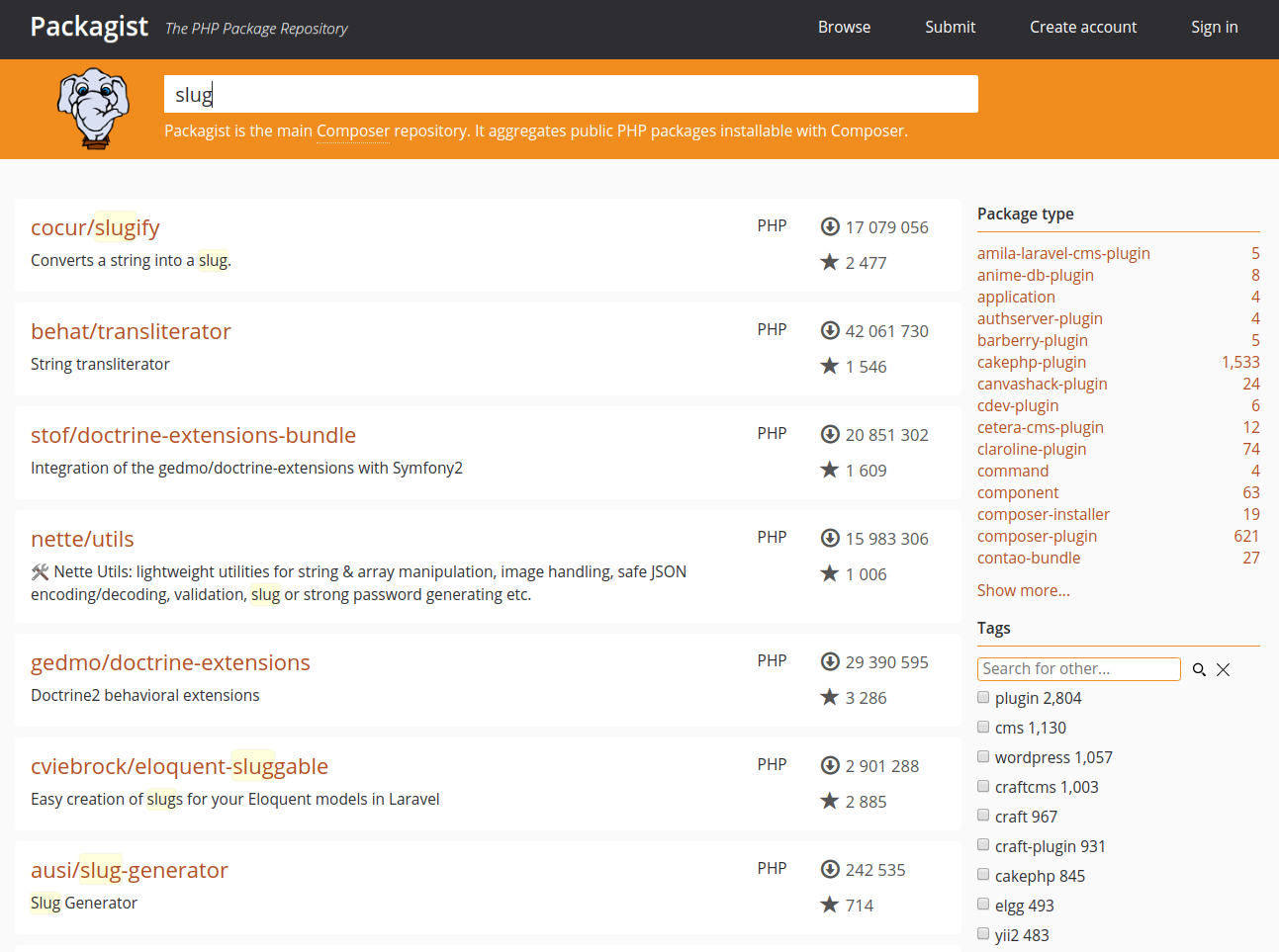 Packagist Search Results for the term "slug"