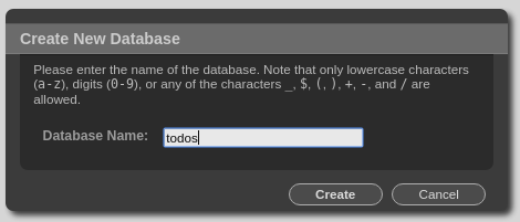 New Database Dialog; enter Database Name