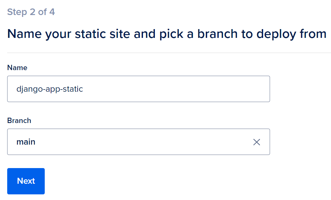 Set Static Site Name and Branch