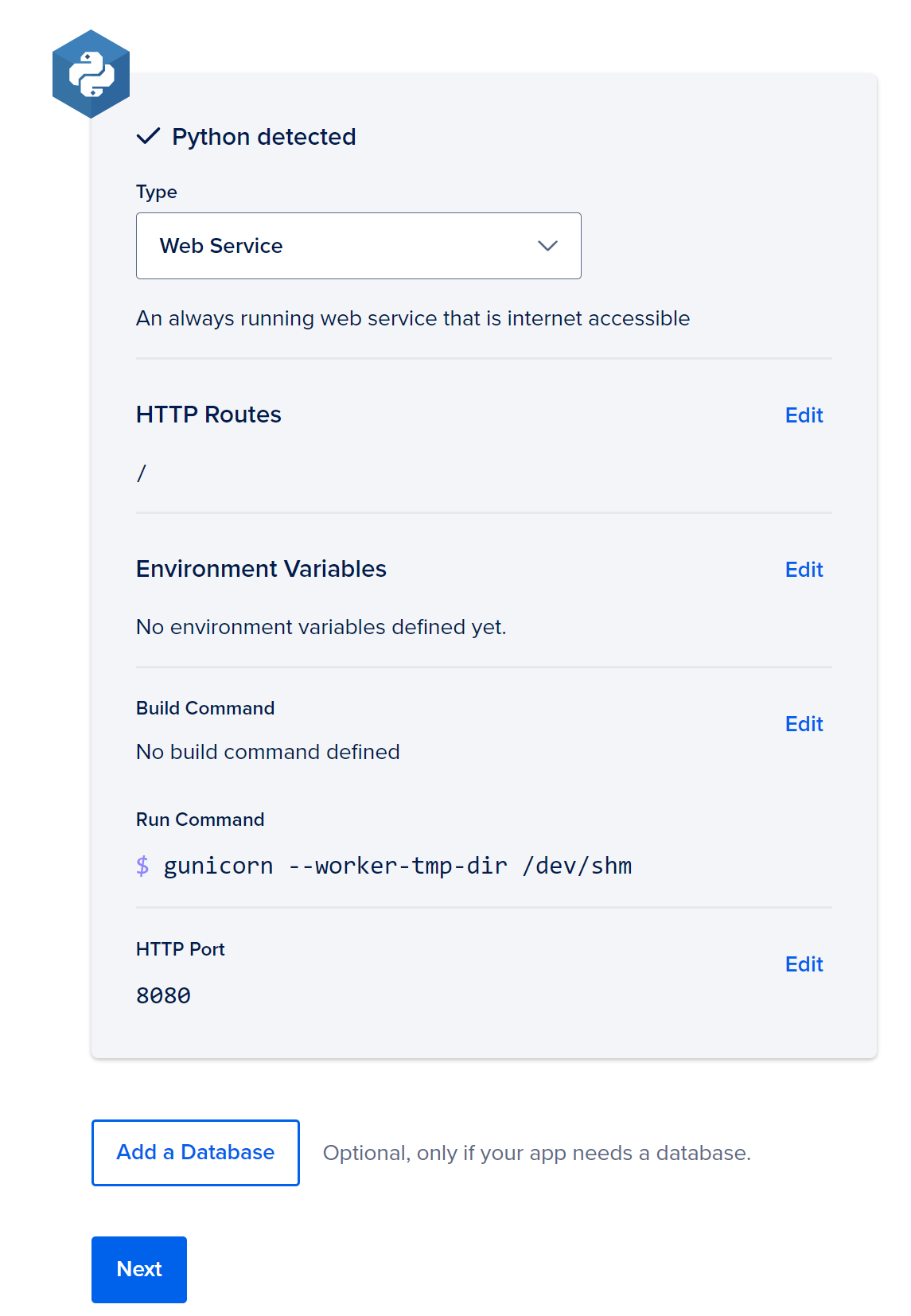 Python Application detected and partial run command populated