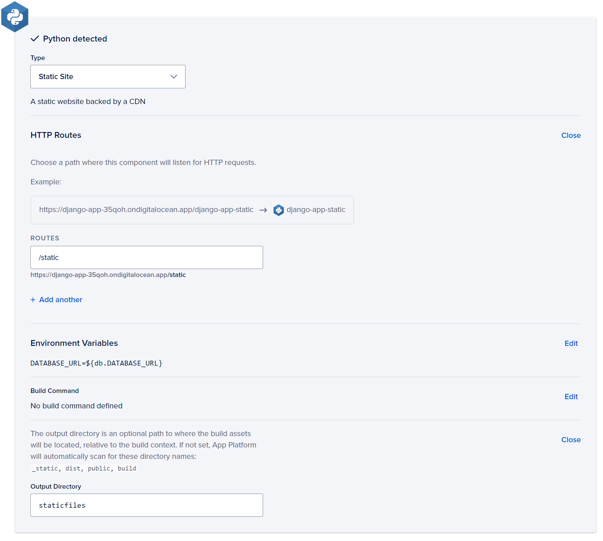 Static Site Settings