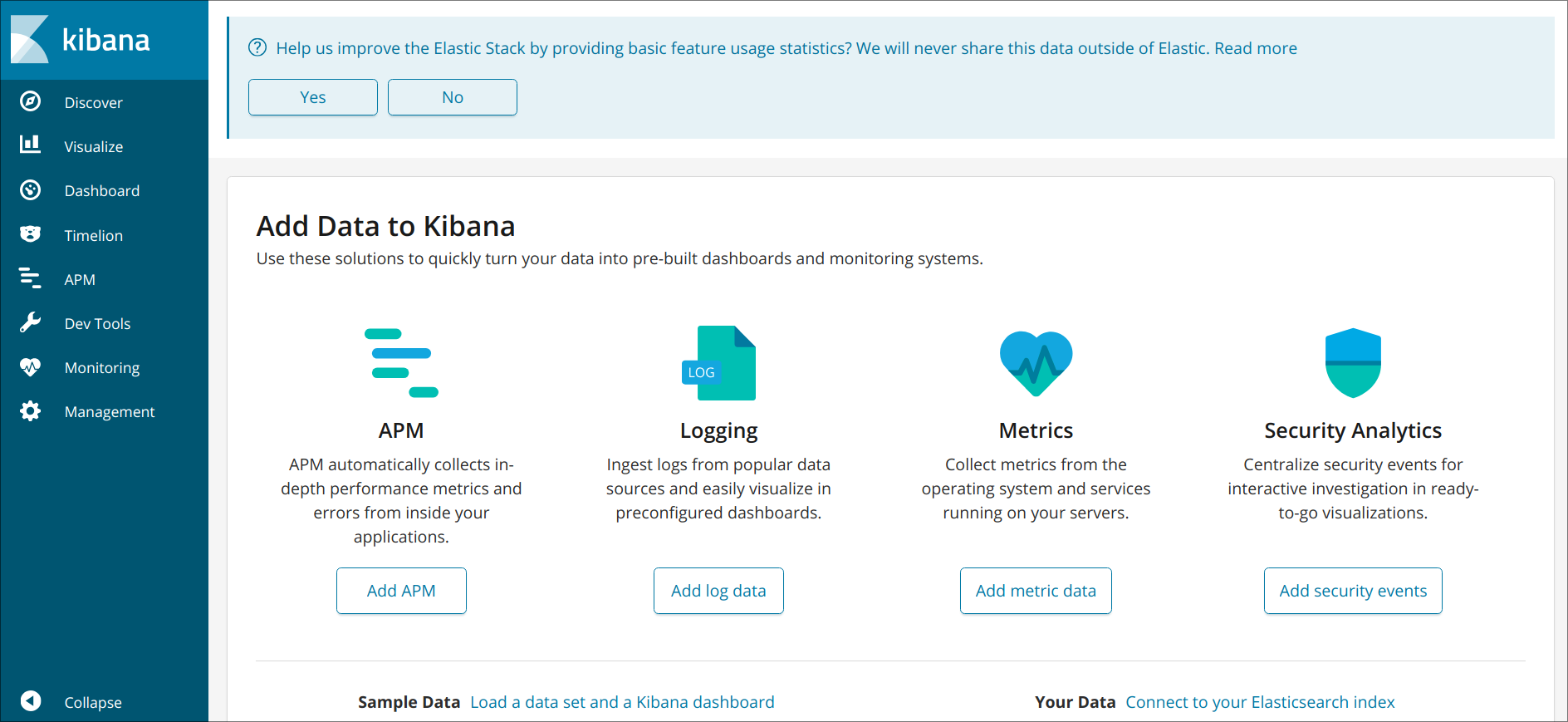 Página de inicio de Kibana