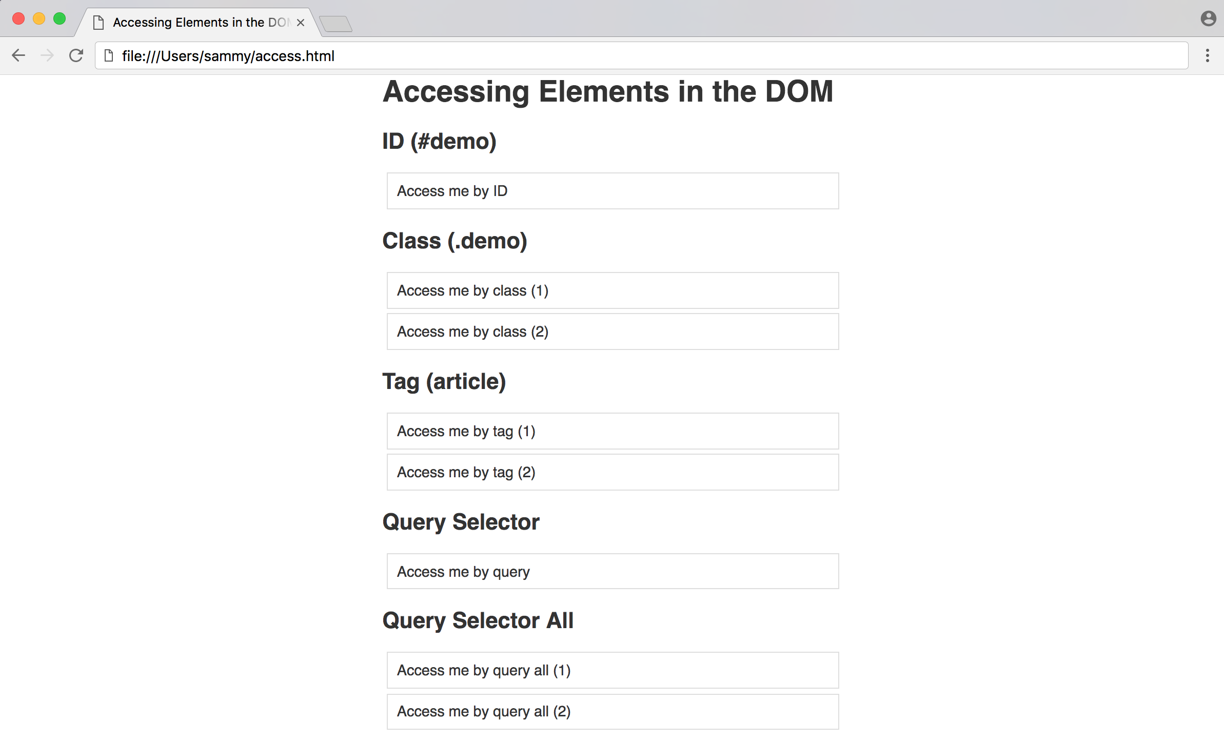 Browser rendering of access.html page