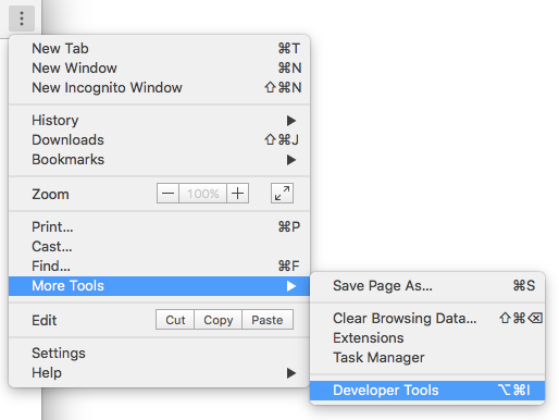 Chrome Developer Tools Menu Item