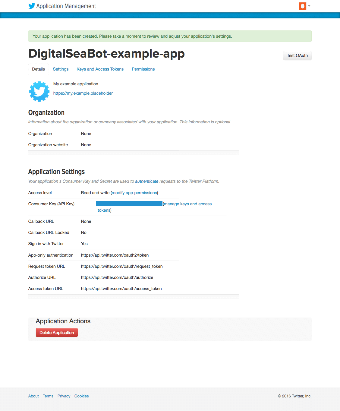 Twitter application creation confirmation page