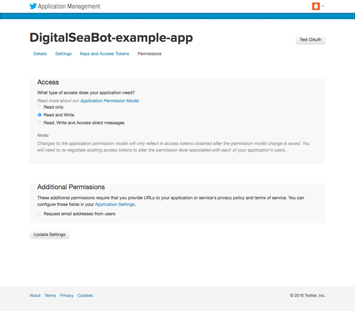 Twitter application permissions