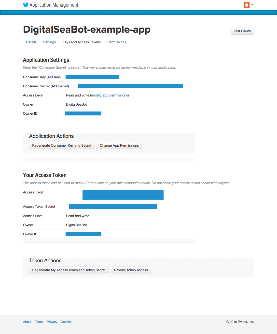 Twitter application settings