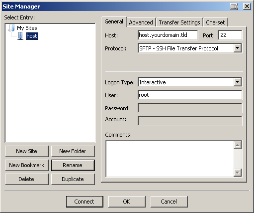 FileZilla Site Manager