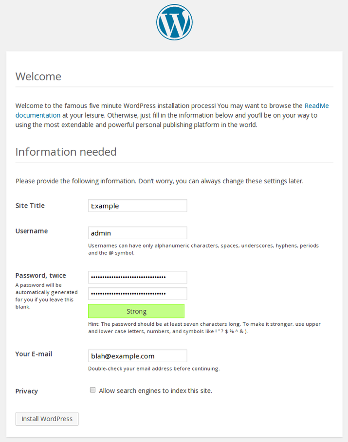 WordPress initial install screen