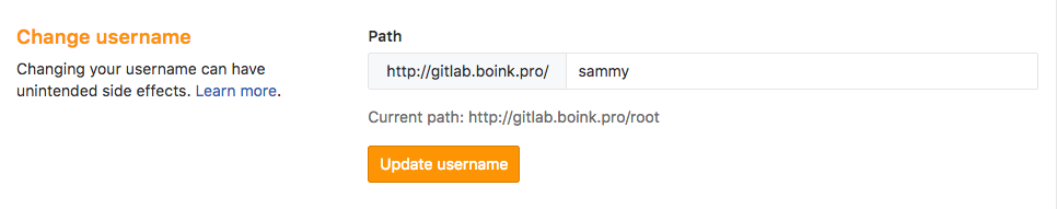 Sección de cambio de nombre de usuario de GitLab