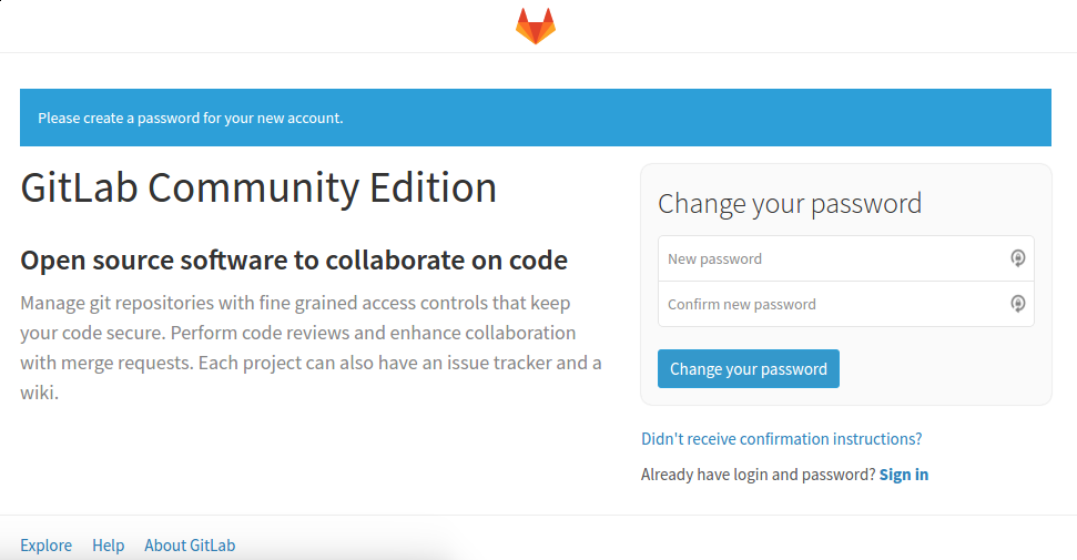 GitLab initial password set prompt