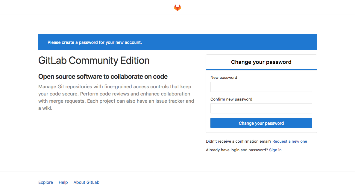 GitLab initial password set prompt
