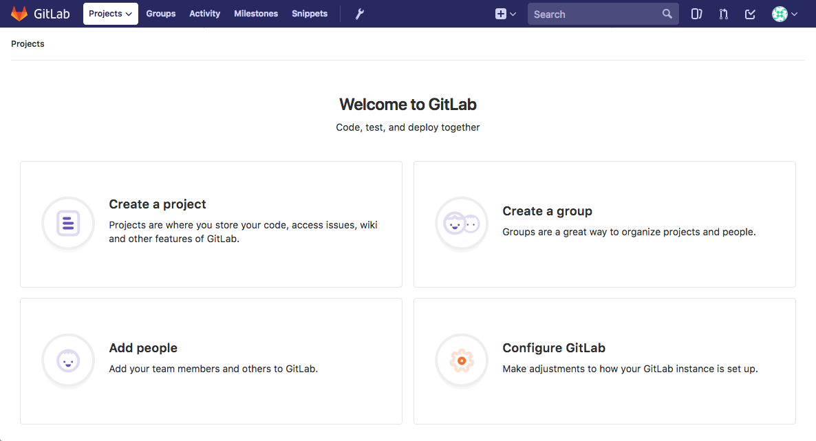 Página de destino de acceso inicial de GitLab