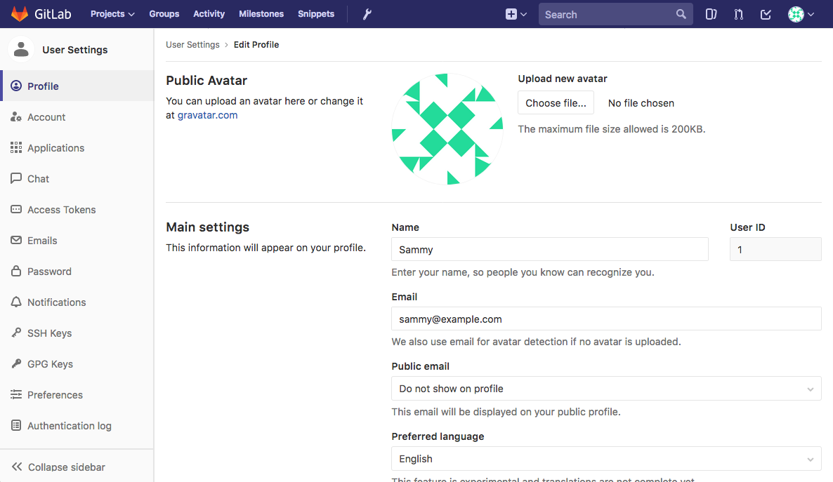 Página de ajustes de perfil de GitLab