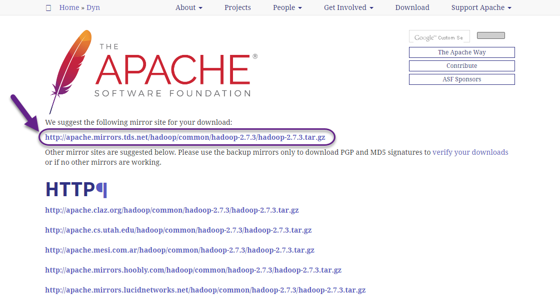 Screenshot of the Hadoop releases page highlighting the link to the latest stable binary