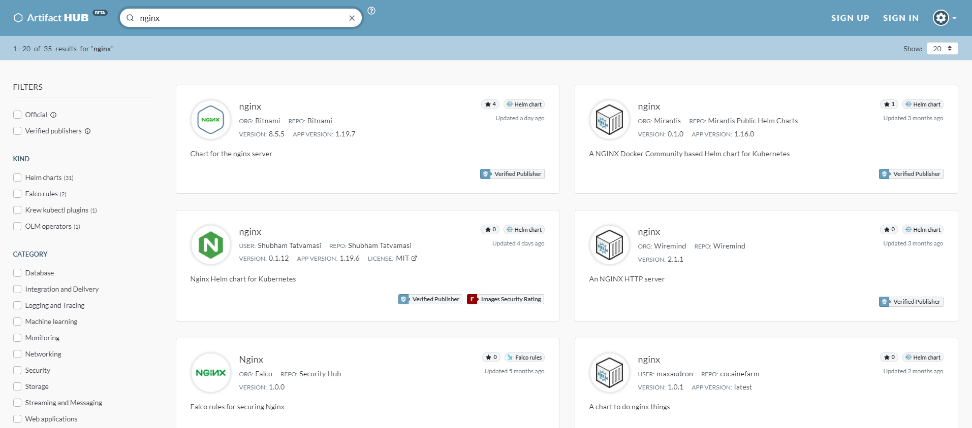 ArtifactHub - Nginx Search