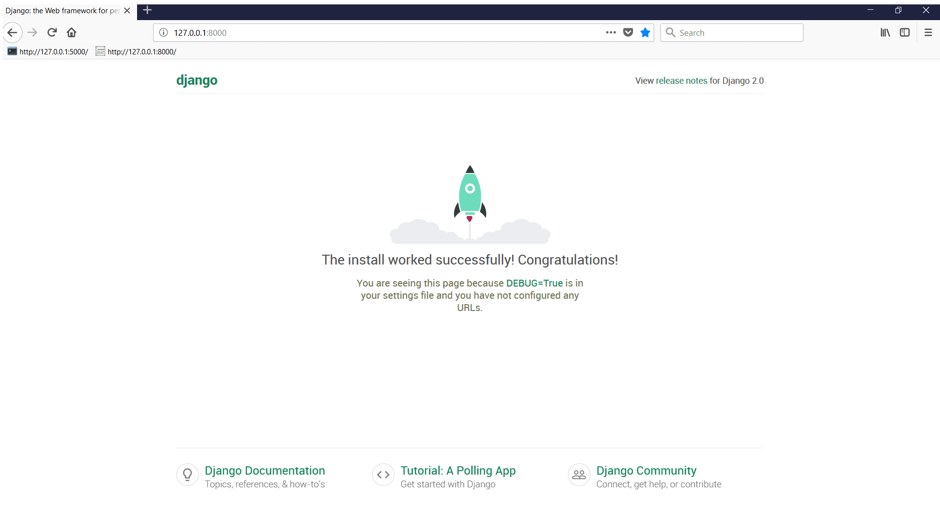 Browser window depicting Django development server Congratulations page