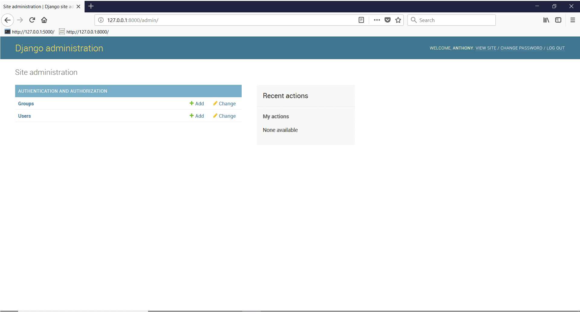 Browser window depicting Django Admin Dashboard