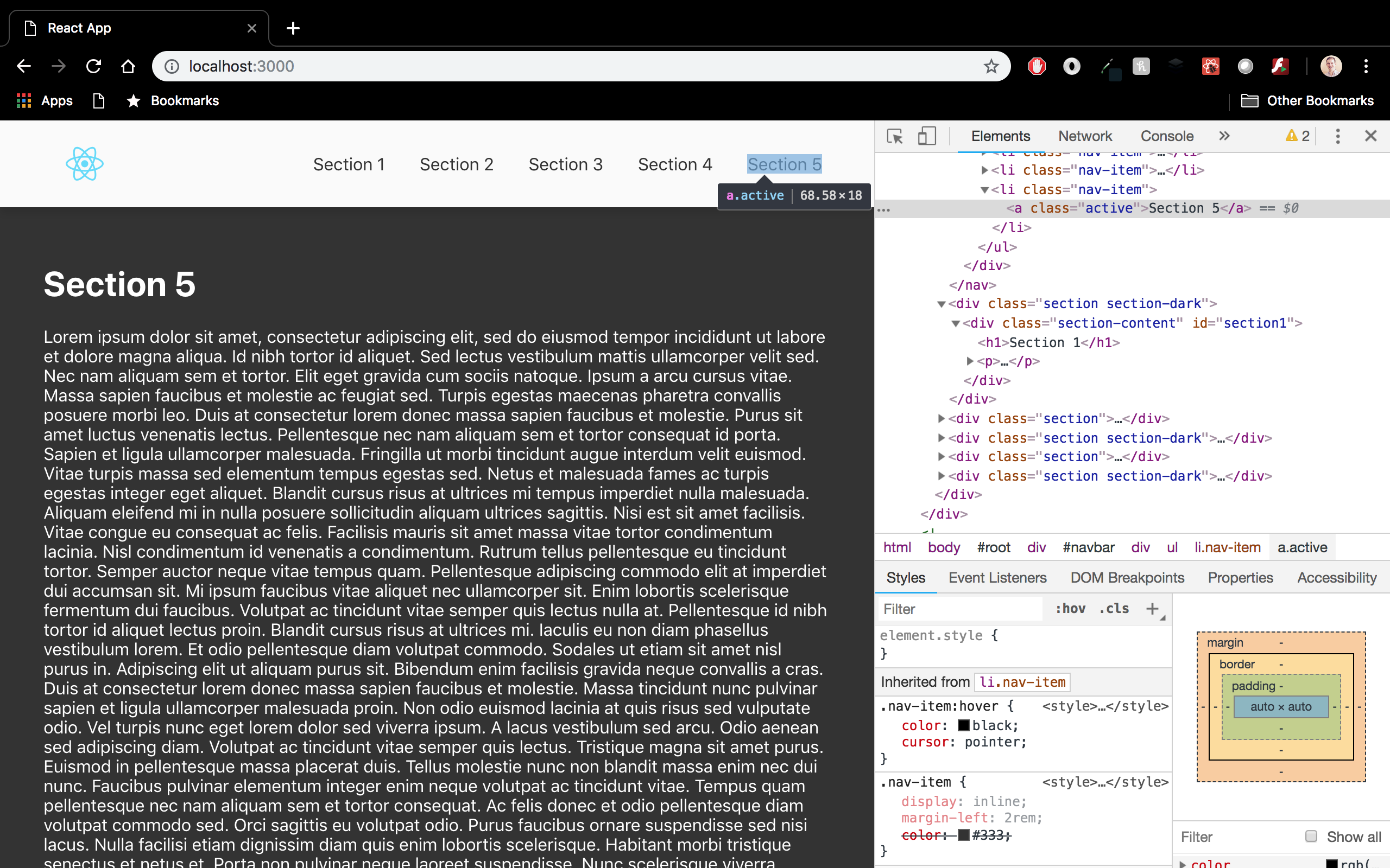 Browser view of React app