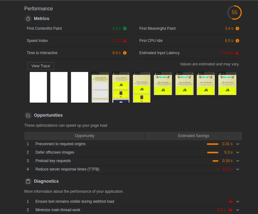 Audit Report with Performance, Metrics, Opportunities, and Diagnostics section