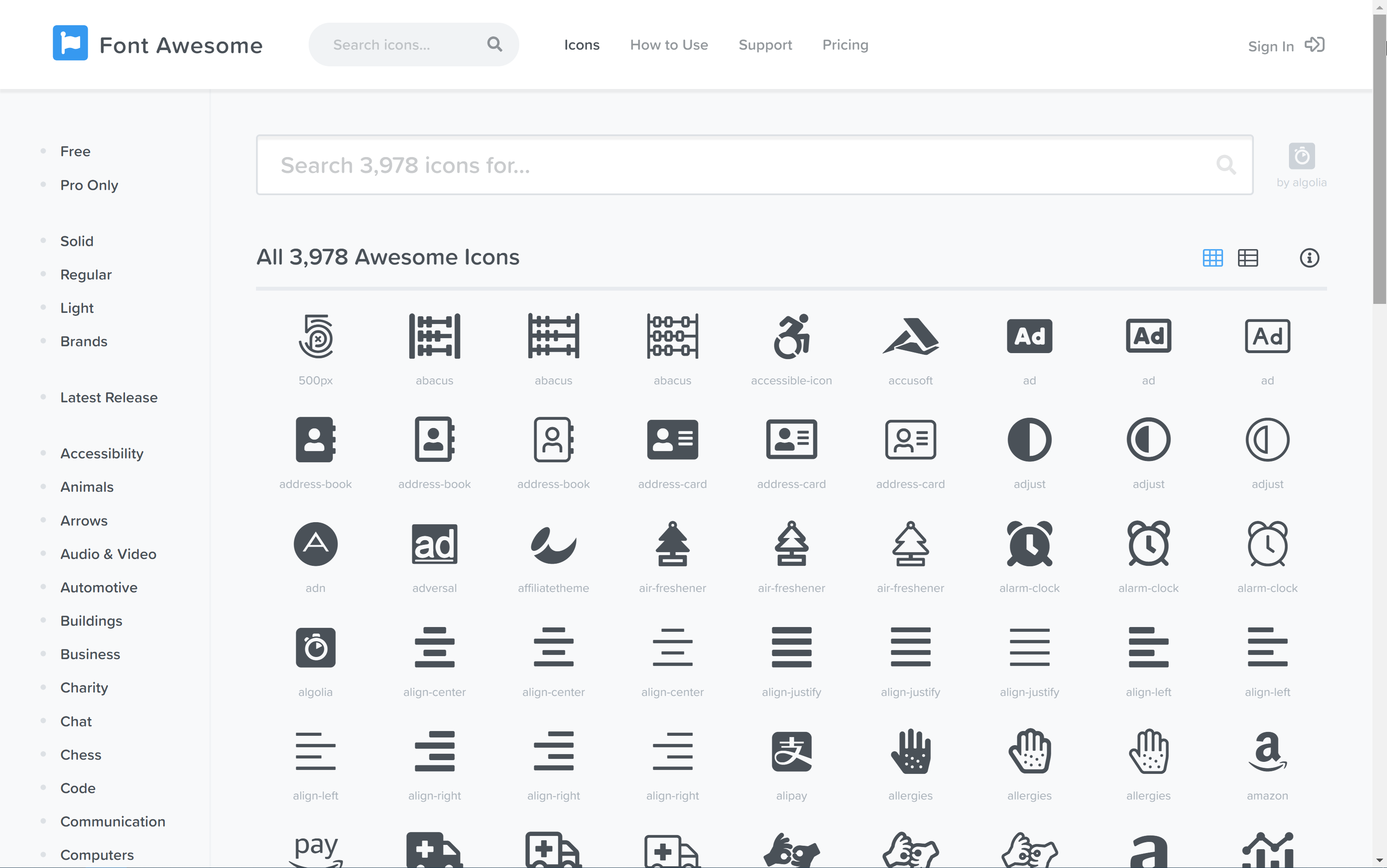 Font Awesome website with its icons