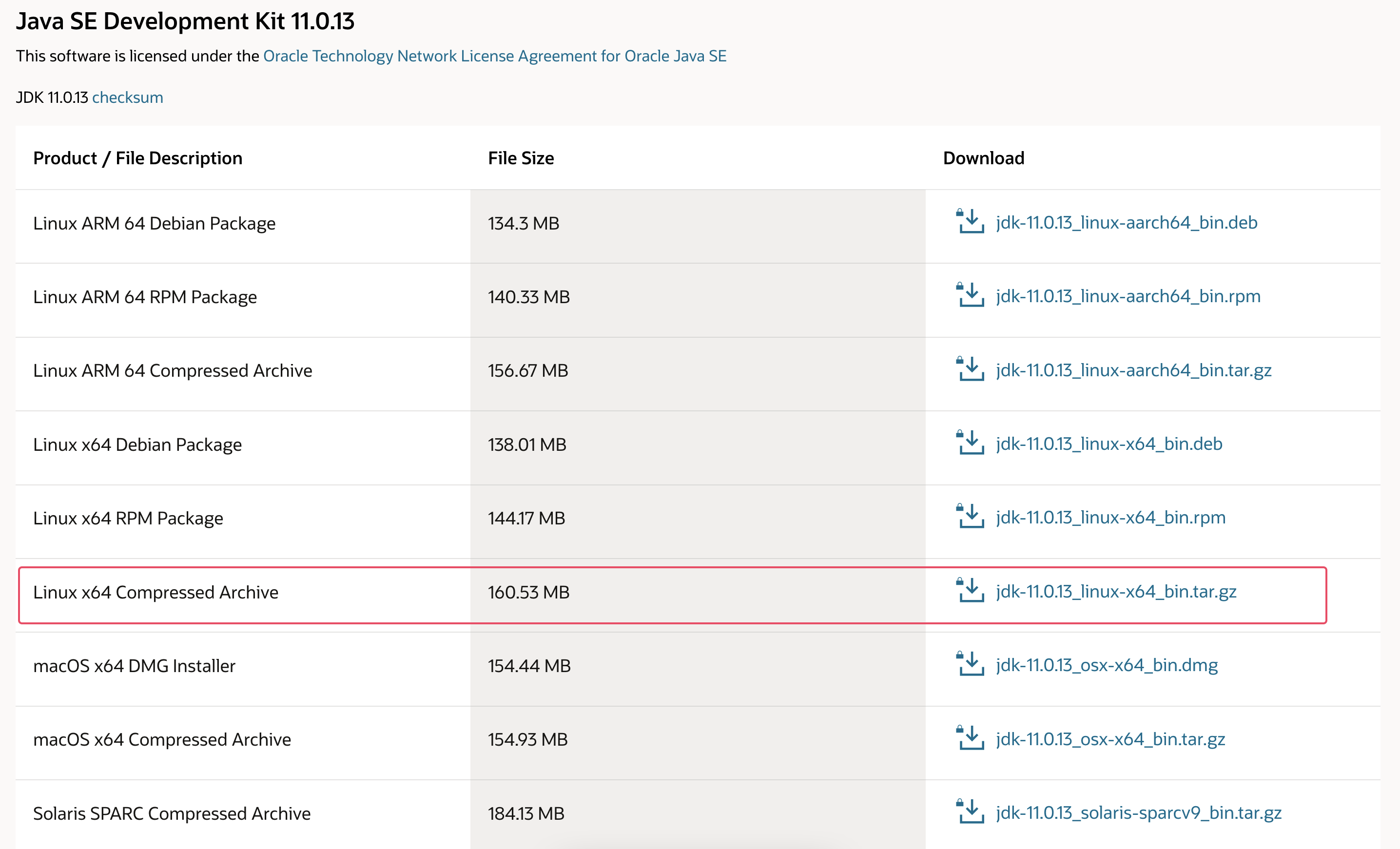 The Oracle Java 11.0.13 download webpage. Selected is the Linux x64 Compressed Archive file.