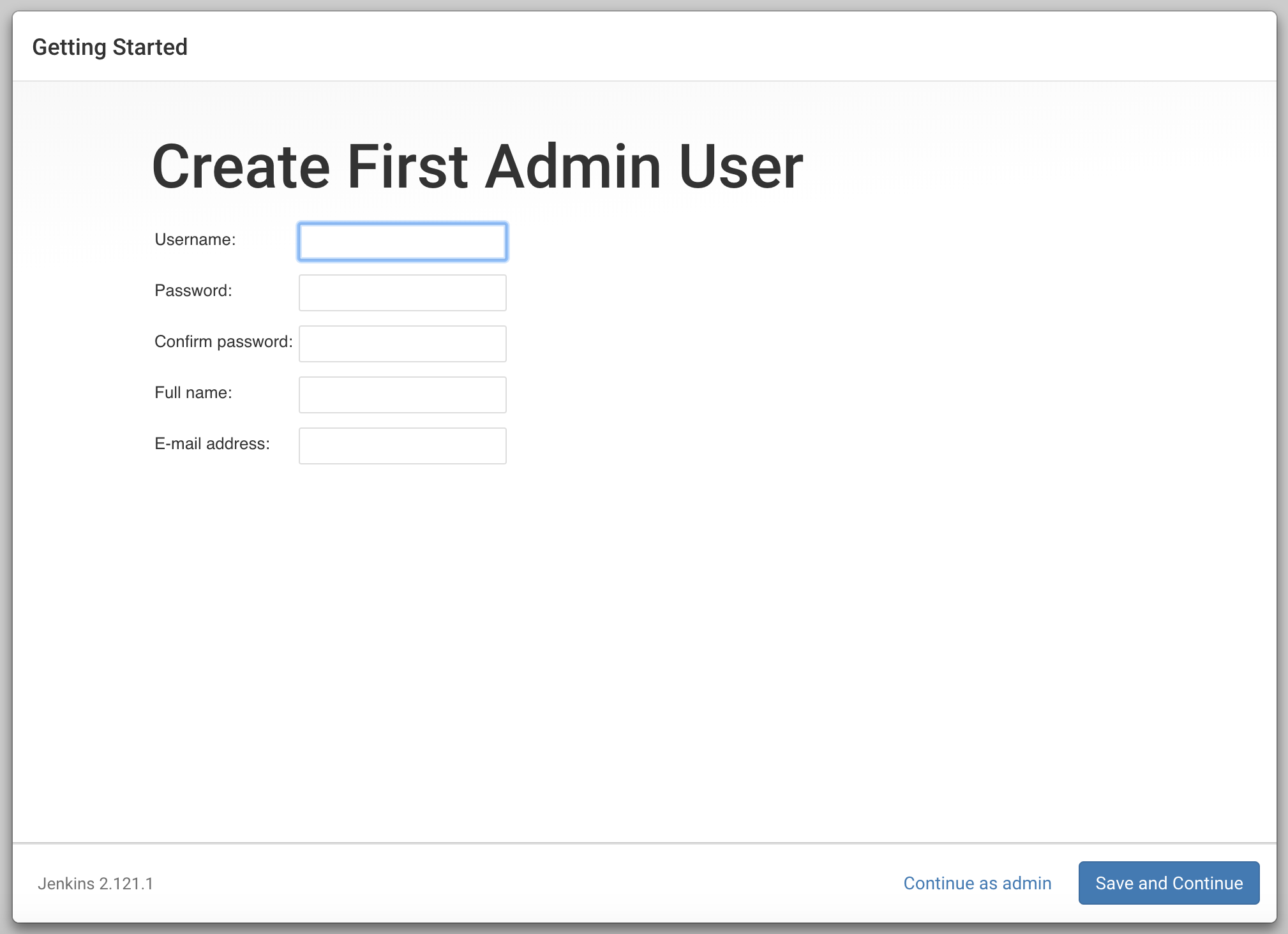 Bildschirm „Jenkins Create First Admin User“ (Erstellen des ersten Administratorbenutzers in Jenkins)