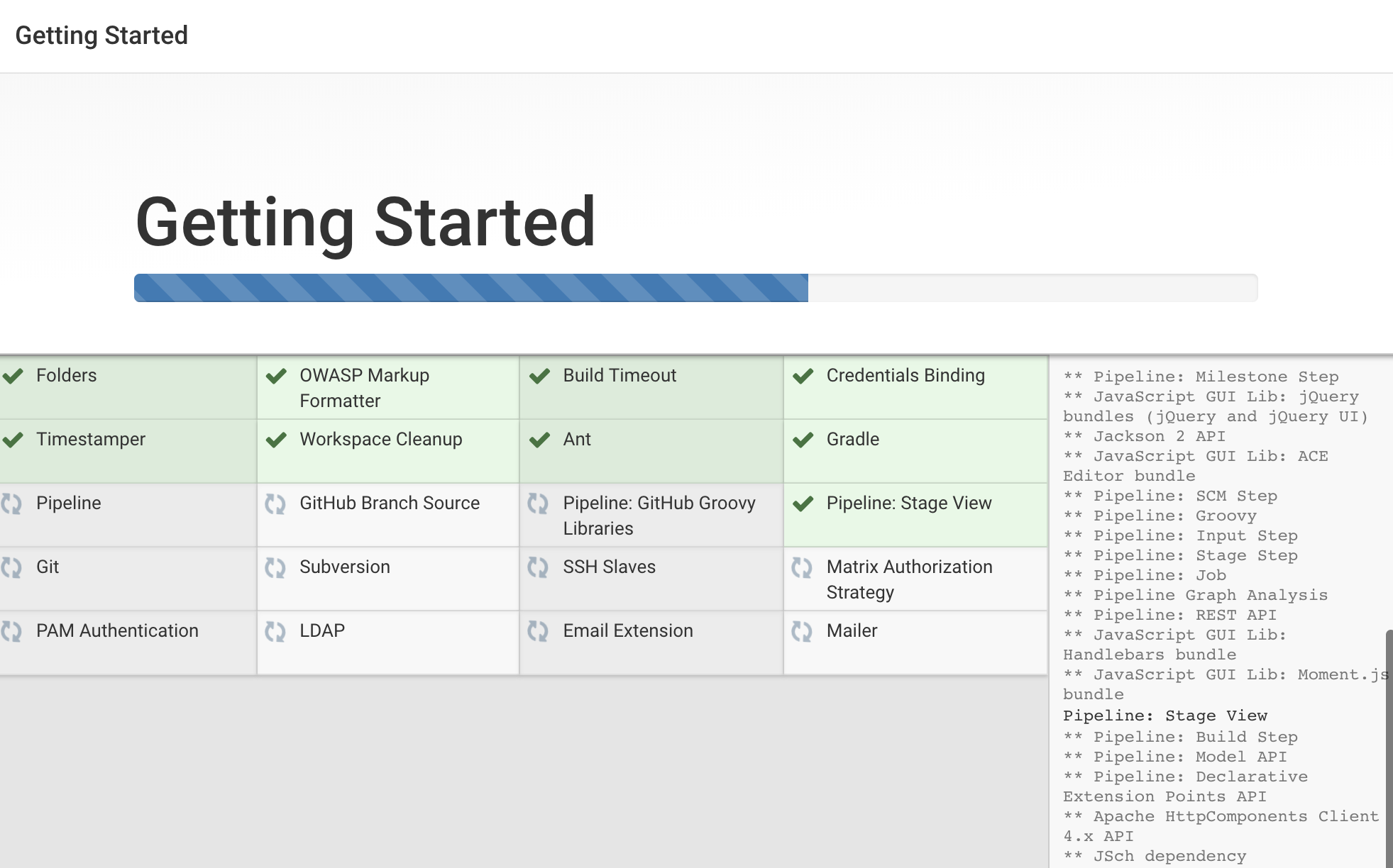 Écran d'installation des plugins de Jenkins