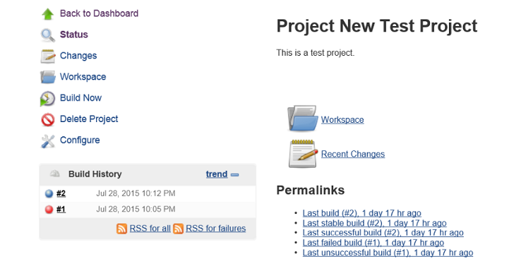 Jenkins project page with project build statuses