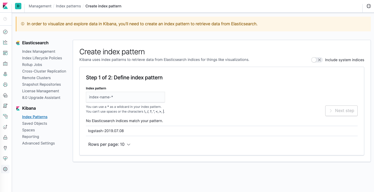 Configuração do padrão de índice do Kibana