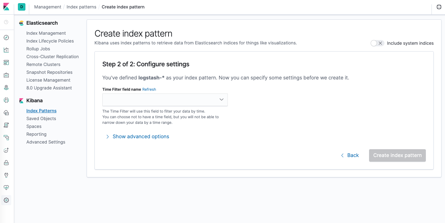 Configurações do padrão de índice do Kibana