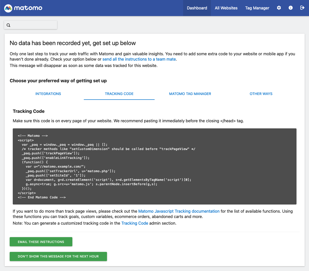 Screenshot of Matomo's homepage dashboard with a placeholder indicating "No data has been recorded yet" and instructions on how to set up the tracking code