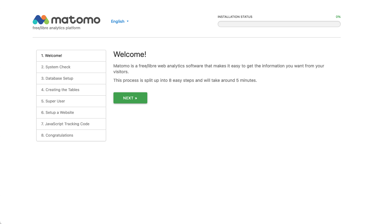 Screenshot of the first page of the Matomo web installation process, with a