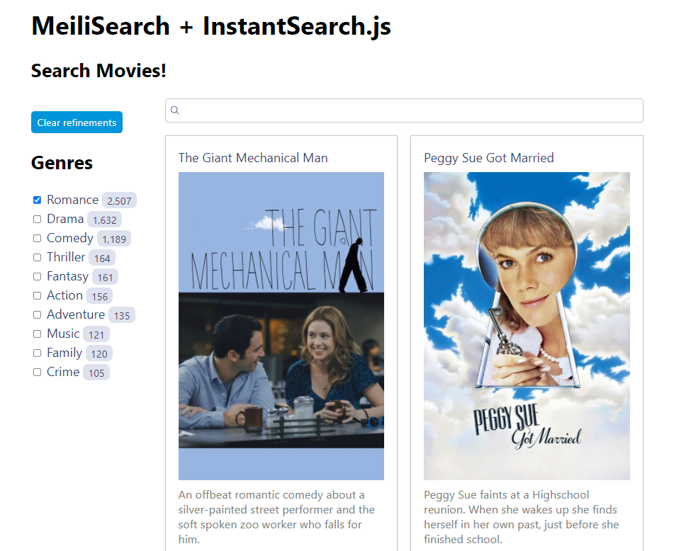 Meilisearch interface with added genre filter