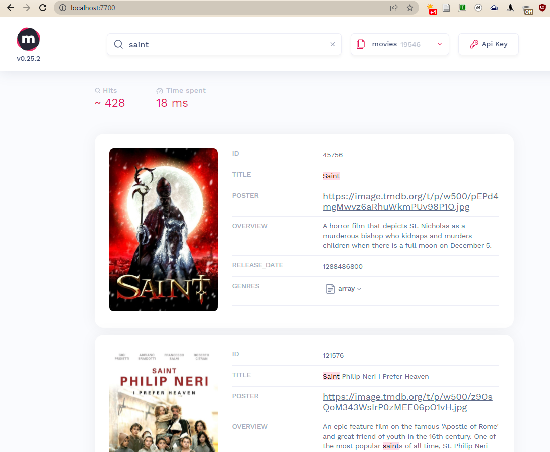 Searching for the word saint in the Meilisearch Web UI