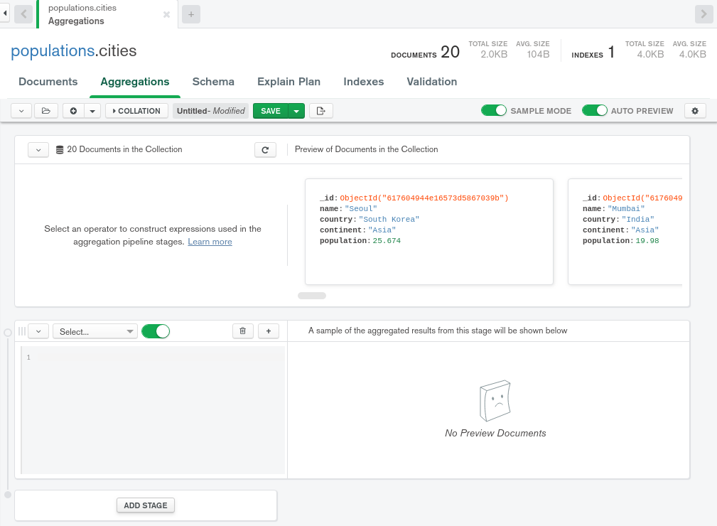 Compass's Aggregation Pipeline builder tab