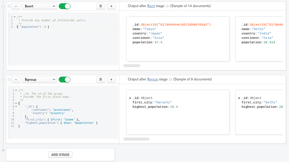 The aggregation pipeline with the grouping stage applied