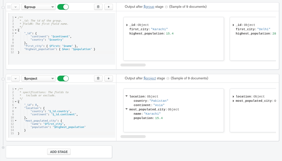 The aggregation pipeline with the projection stage applied