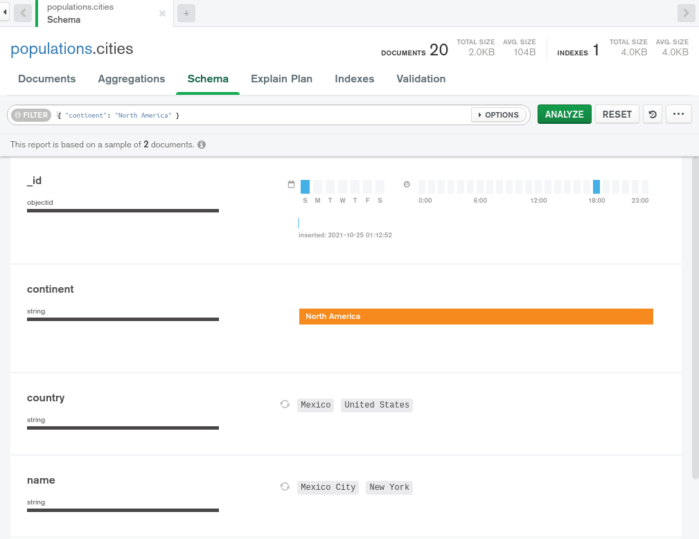 The Schema Analyzer tab showing the analysis for the cities collection, but with the  filter applied previously