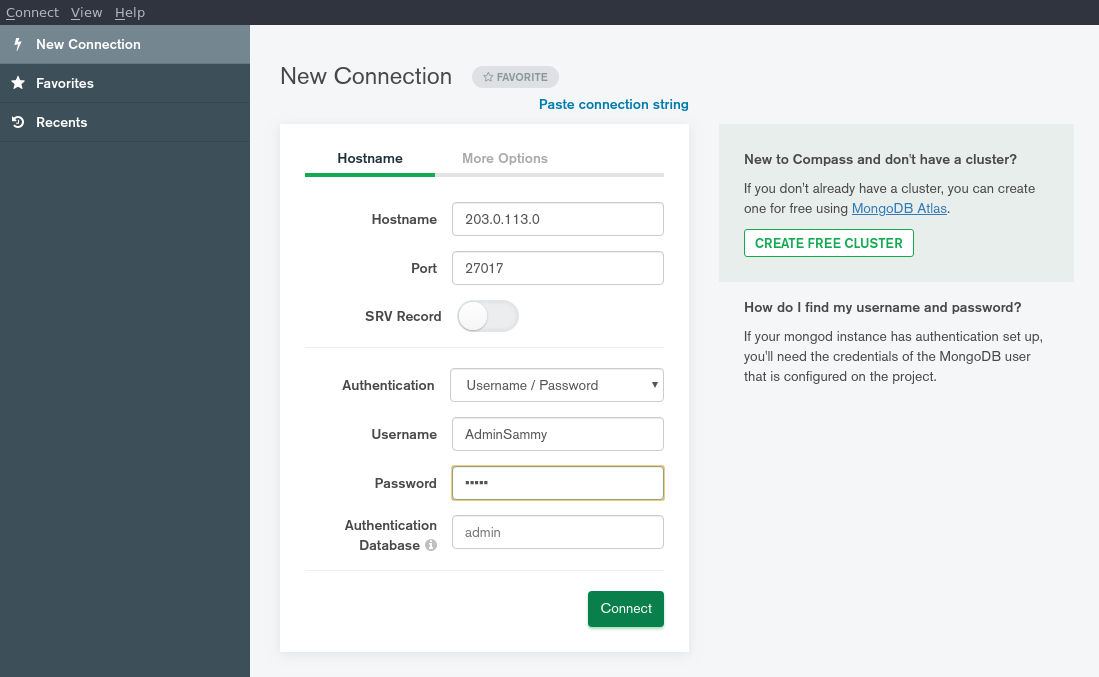 Screenshot showing example connection parameters. Hostname field reads 203.0.113.0; Port field reads 27017; SRV record is disabled; Authentication is set to Username / Password; Password shows a hidden password; Authentication Database is set to Admin