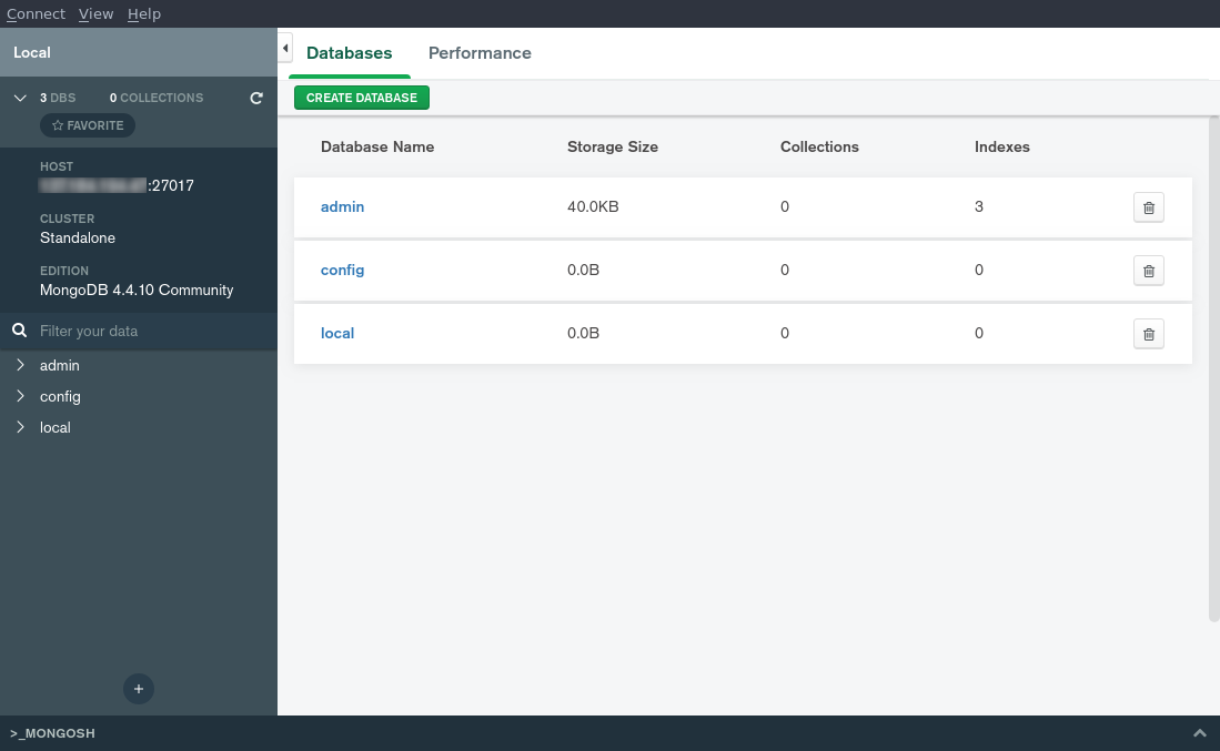 MongoDB Compass Home screen showing the active database connection. This MongoDB instance has the three default databases: , , . The left panel shows this is a standalone cluster running version 4.4.10 of MongoDB