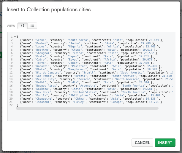 Insert to collection population.cities window. Previously shown documents inserted into the field