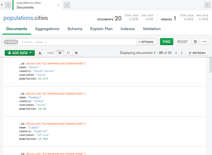 Collection view showing the cities collection, but it's now populated with the data that was just inserted